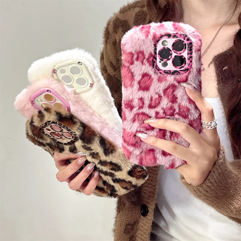 Chic Leopard Fluffy Fur Case with Kickstand and Camera Protection Frame