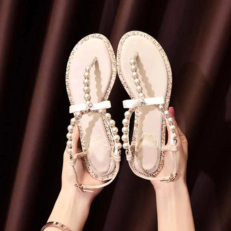 

Crystal Bowknots Sandals Woman New Summer T-Strap Flat Shoes Women Luxury Brand Beach Sandals Flip-flop Butterfly-knot Sandalias