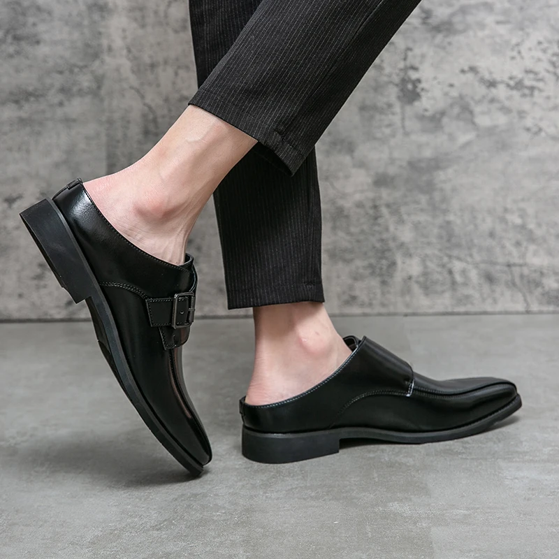 European Station New Men  Pointed Half Slippers With Buckle Casual Fashion Classic Black Sizes 38-46 Men Shoes