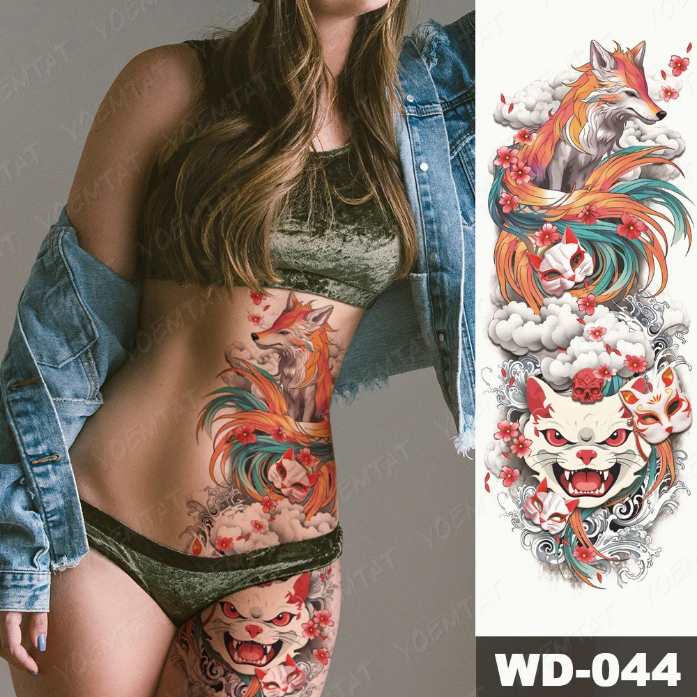 Large arm sleeve tattoo Ninetales Sakura Cat Demon waterproof temporary tattoo stickers Japanese body art full fake tatoo women tattoo sticker temporary tattoos tattoo sleeve