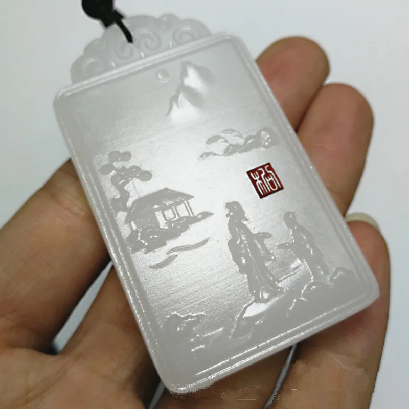 

Natural White Jade Hand Carved Landscape Pendant Fashion Boutique Jewelry Men and Women's Scenery Character Necklace Gift