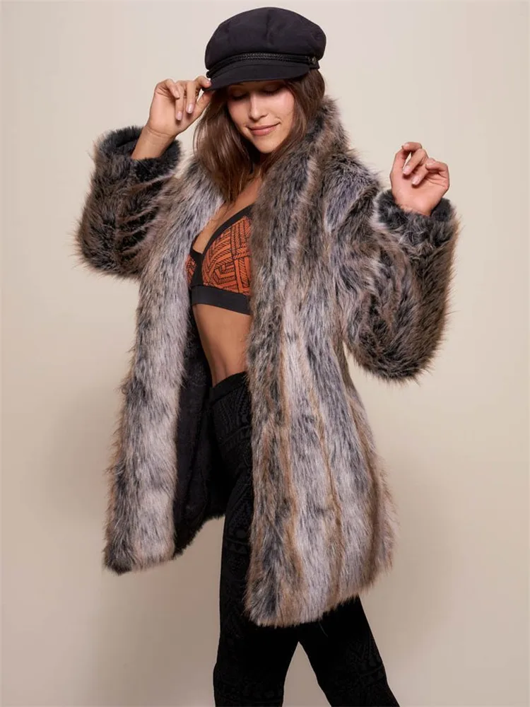 

Warm Faux Fur Coat Women Autumn Winter Loose Brown Long Coats Turn Down Collar Long Sleeve High Waist Maxi Elegant 2023 Jacket