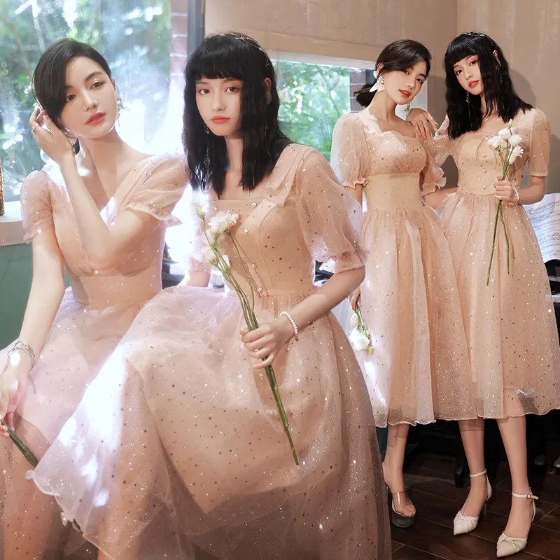 

Bridesmaid Dresses Pink Elegant Sequins Simple A-Line Short Sleeves Pleat Tea-Length Square Collar Lady Formal Party Gown E1166