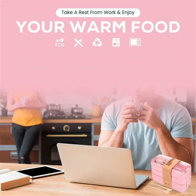 Boîte à Bento en paille de blé à compartiment 3 en 1, vaisselle réutilisable, conteneurs à déjeuner, conteneurs de repas et de collations, boîte à déjeuner Portable 6