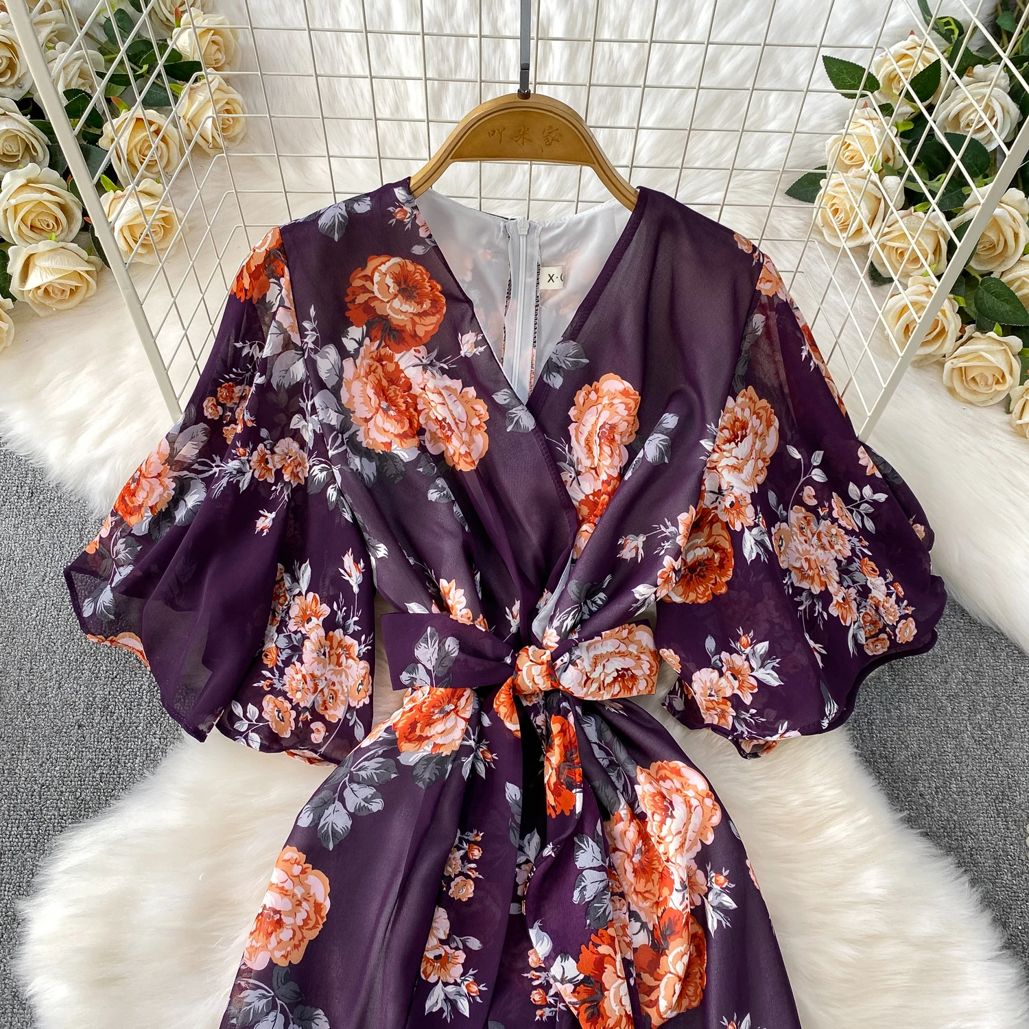 Summer Women Red/White/Yellow Floral Printed Irregular Ruffle Long Dress Vintage V-Neck Puff Sleeve Elegant Dress With Belt New