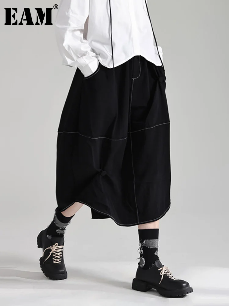 

[EAM] High Elastic Waist Black Topstitched Irregular Midi Casual Half-body Skirt Women Fashion New Spring Autumn 2024 1DH1623