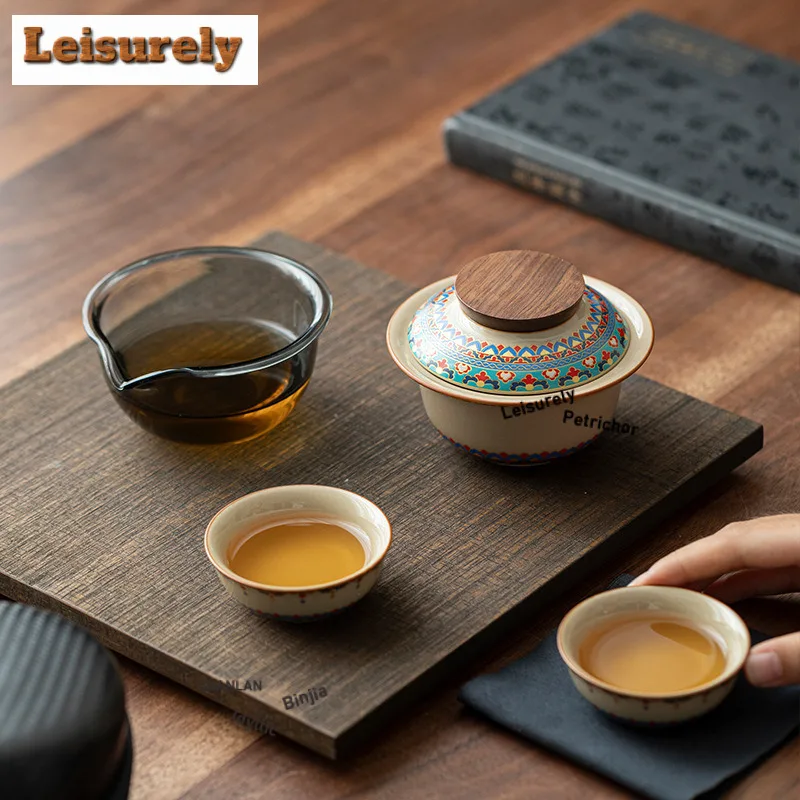 Dunhuang Baoxiang Pattern Travel Tea Set Kit Boutique 1 Pot 3 Cups Household Tea Brewing Organizer Portable Outdoor Stock Bags