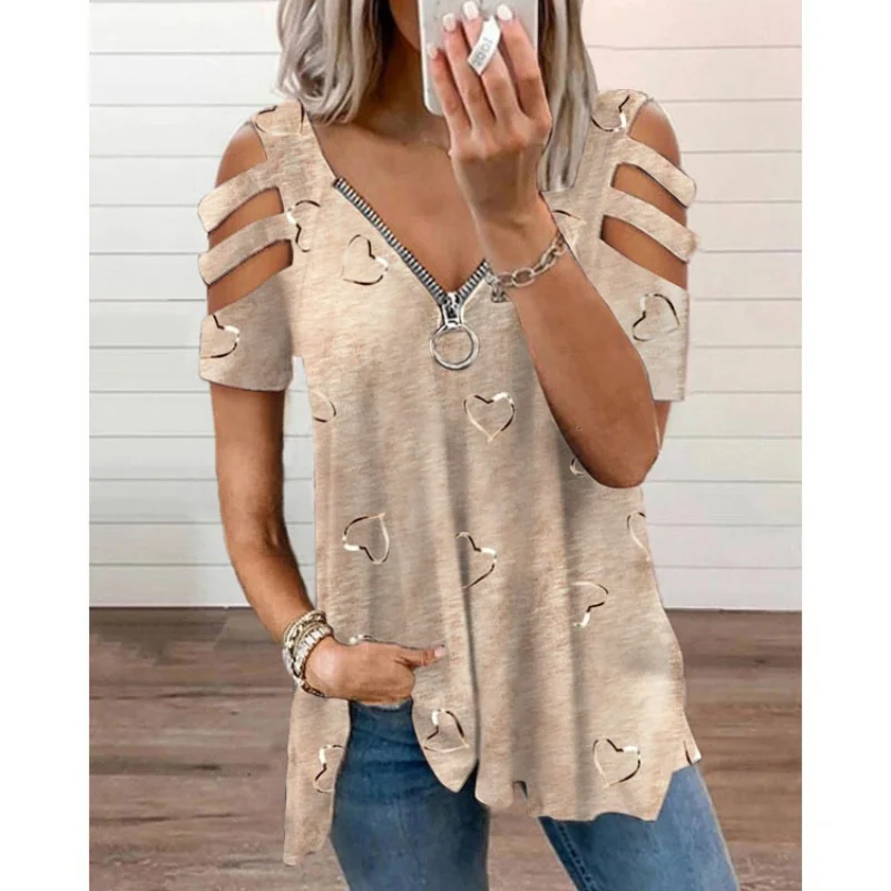 

Vintage Women T Shirt Casual Short Sleeve V-Neck Zipper Loose Tee Heart Shaped Print 2023 Summer Tops Female Pullover