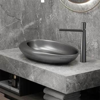 อ่างล้างหน้าแบบตั้งบนเคาน์เตอร์ดีไซน์ทันสมัยสำหรับห้องน้ำ อ่างล้างหน้าแบบตั้งบนเคาน์เตอร์สไตล์ยุโรป อ่างล้างหน้าเซรามิกหรูหราสำหรับห้องน้ำ 1