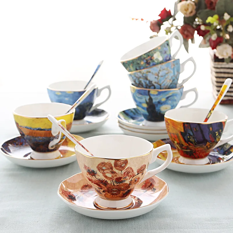 

British Light Luxury Saucer Spoon Afternoon Tea Cup Van Gogh Oil Painting Bone China Coffee Cup Creative Hand Ceramics Cup