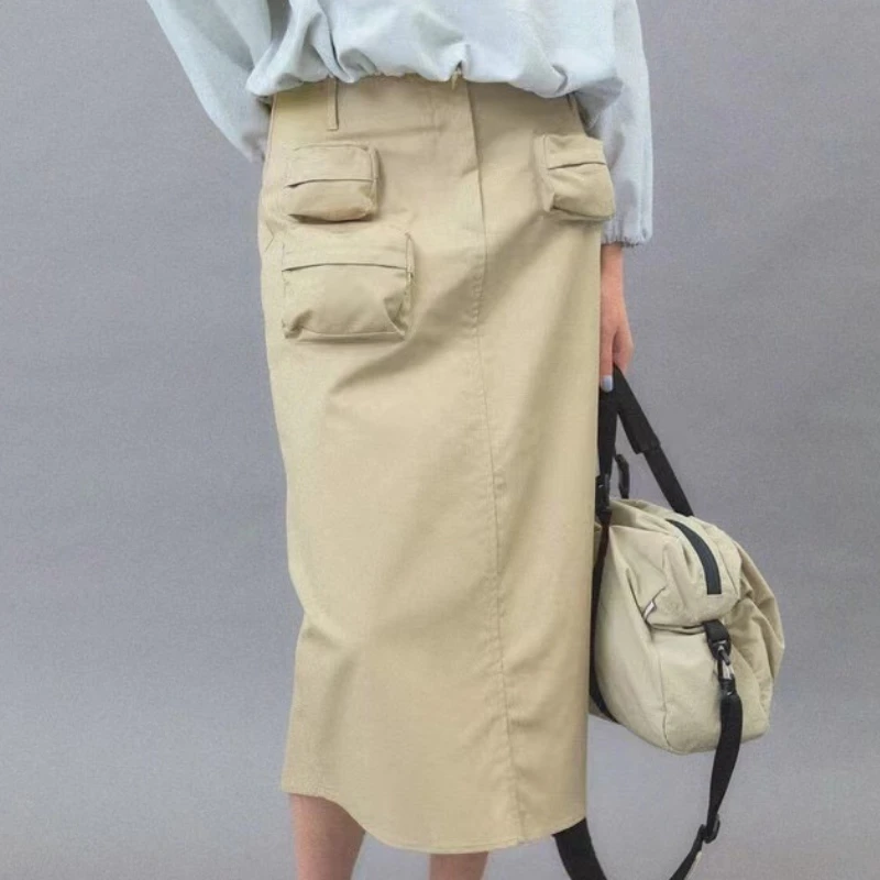 

2023 Summer New Retro Tooling Pocket Design Khaki Mid-length Skirt