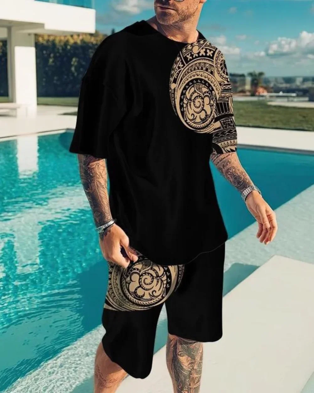 New Summer Men's 2 Piece Round Neck Short Sleeve T-Shirt + Shorts Set Polyester 3D Printing Casual Loose Sportswear Homewear