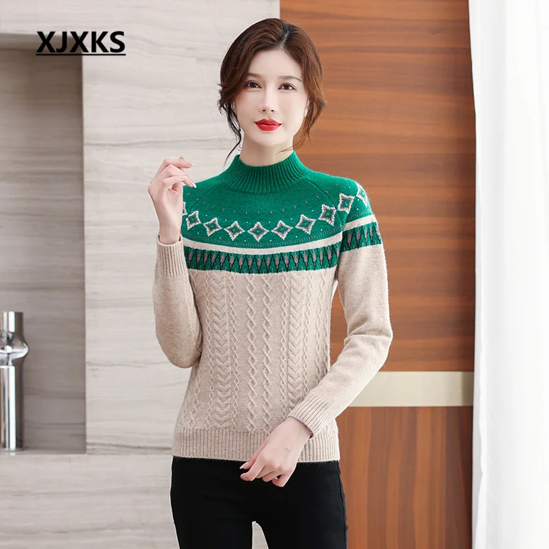 

XJXKS 2022 Winter Latest Women's Turtleneck Sweater High Quality Wool Knitted Pullover Fashion Color Matching Female Jumper