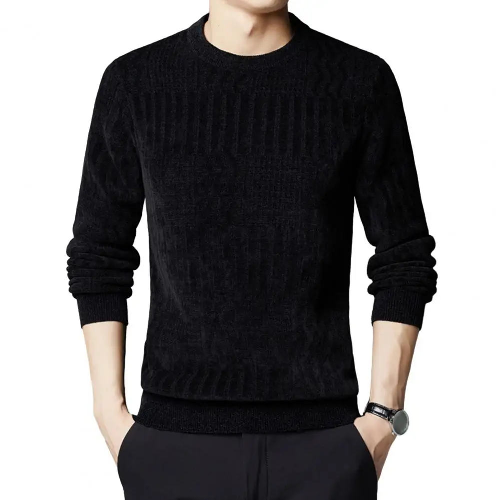 

Men Solid Color Sweater Men's Thick Warm Knitted Sweater with Round Neck Long Sleeve Solid Color Plus Size Mid Length for Fall