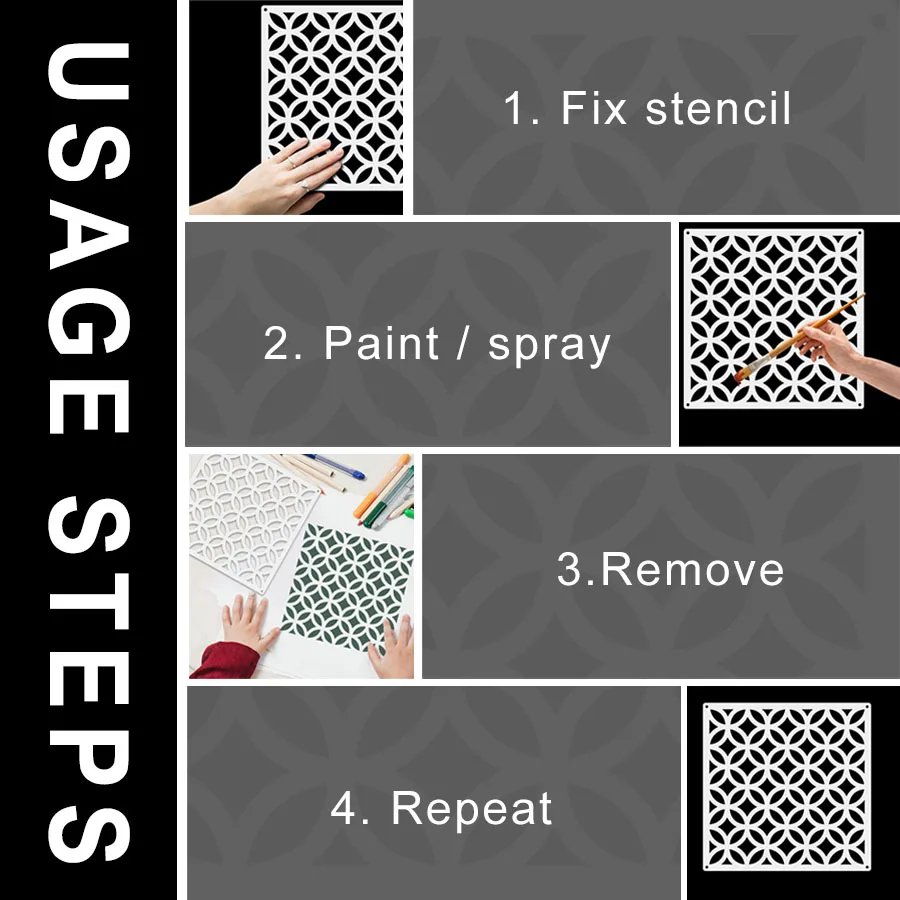 2PCS 11.8x11.8 인치 기하학적 타일 스텐실 원활한 패턴 템플릿 DIY 바닥 벽화 홈 D용 재사용 가능한 드로잉 스텐실
