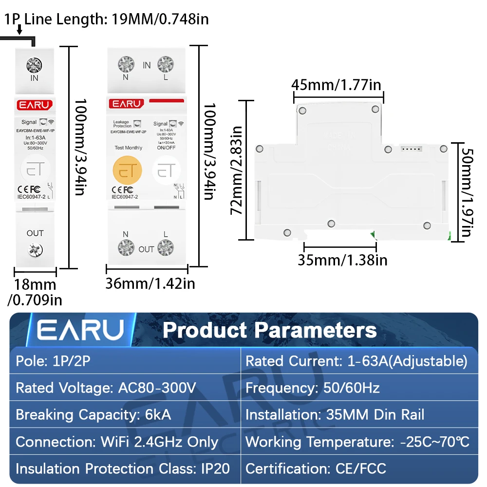 eWeLink WiFi MCB Smart Circuit Breaker 1P 2P 63A Switch Energy Metering Timer Relay kWh Voltage Current Protector Remote Contro