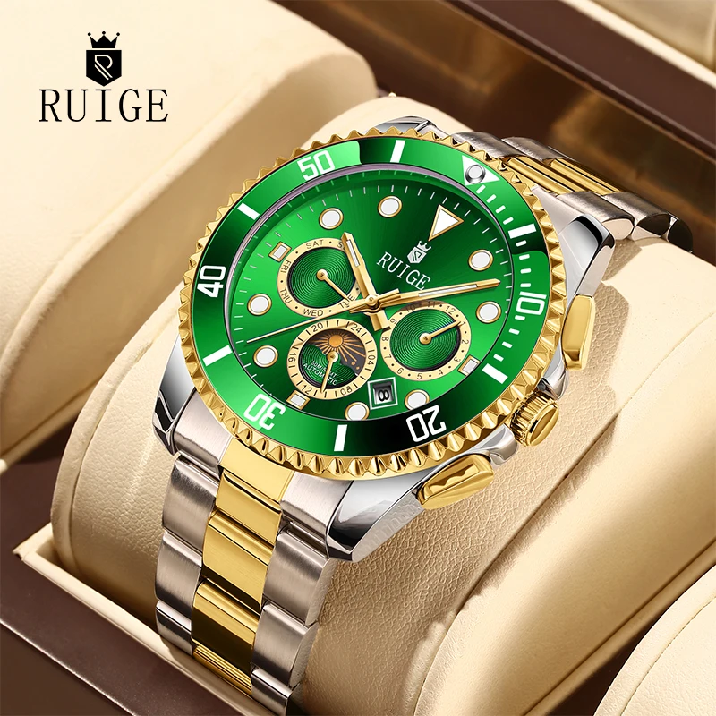 RUIGE Orologio Uomo Automatico Escheletrato | Movimento Meccanico A Carica Automatica | 3 Quadranti E 6 Aghi | Luminoso E Impermeabile | Moda A10-5
