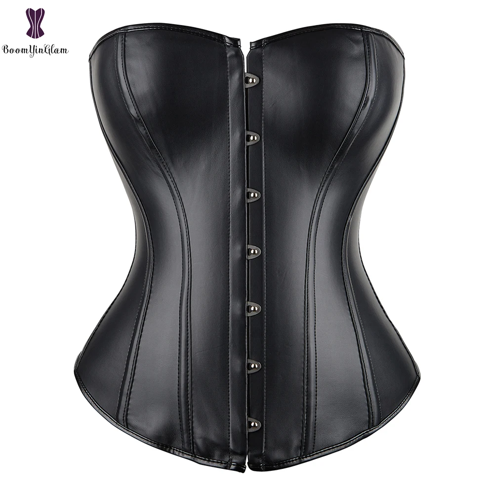 Overbust Corset Top Synthetic Leather Bustier Boned Body Slimming Korset Sexy Black Red Gorset