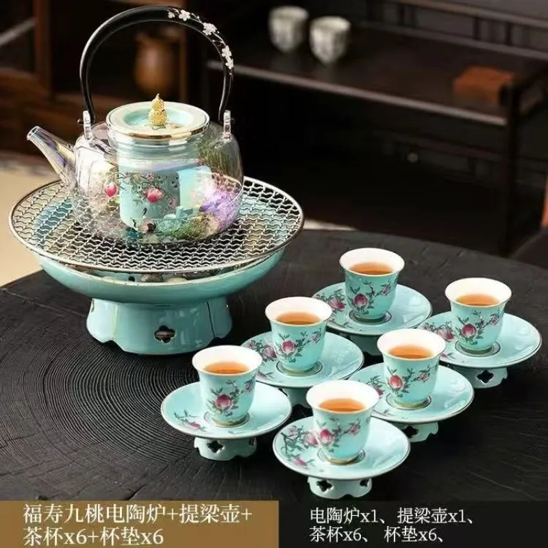 1300ml Radiant-cooker Ceramic Electric Tea Stove Tea Boiler Glass Pot 6gear Baking net Cobblestone Black crystal panel with cups