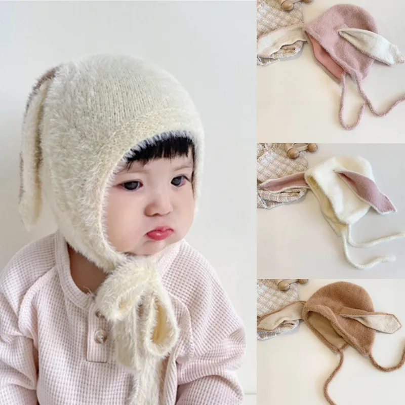 New 3-24 Months Baby Newborn Photography Props Hat Autumn Winter Baby Ear Protection Beanie Cap Long Bunny Ear Boy Girl Bonnet