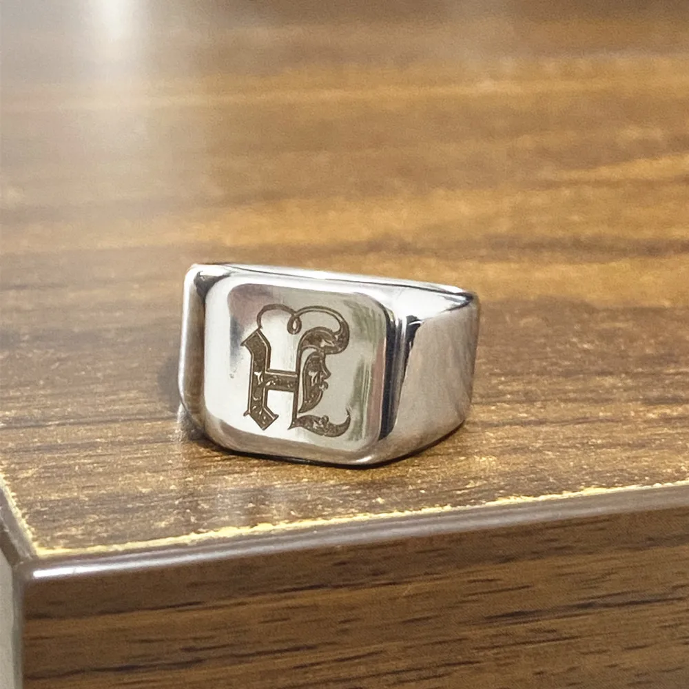 Stainless Steel Initial Ring - Square Flat Top Letter Ring For Men & Women - Sizes 7-16 In Black/Gold/Silver