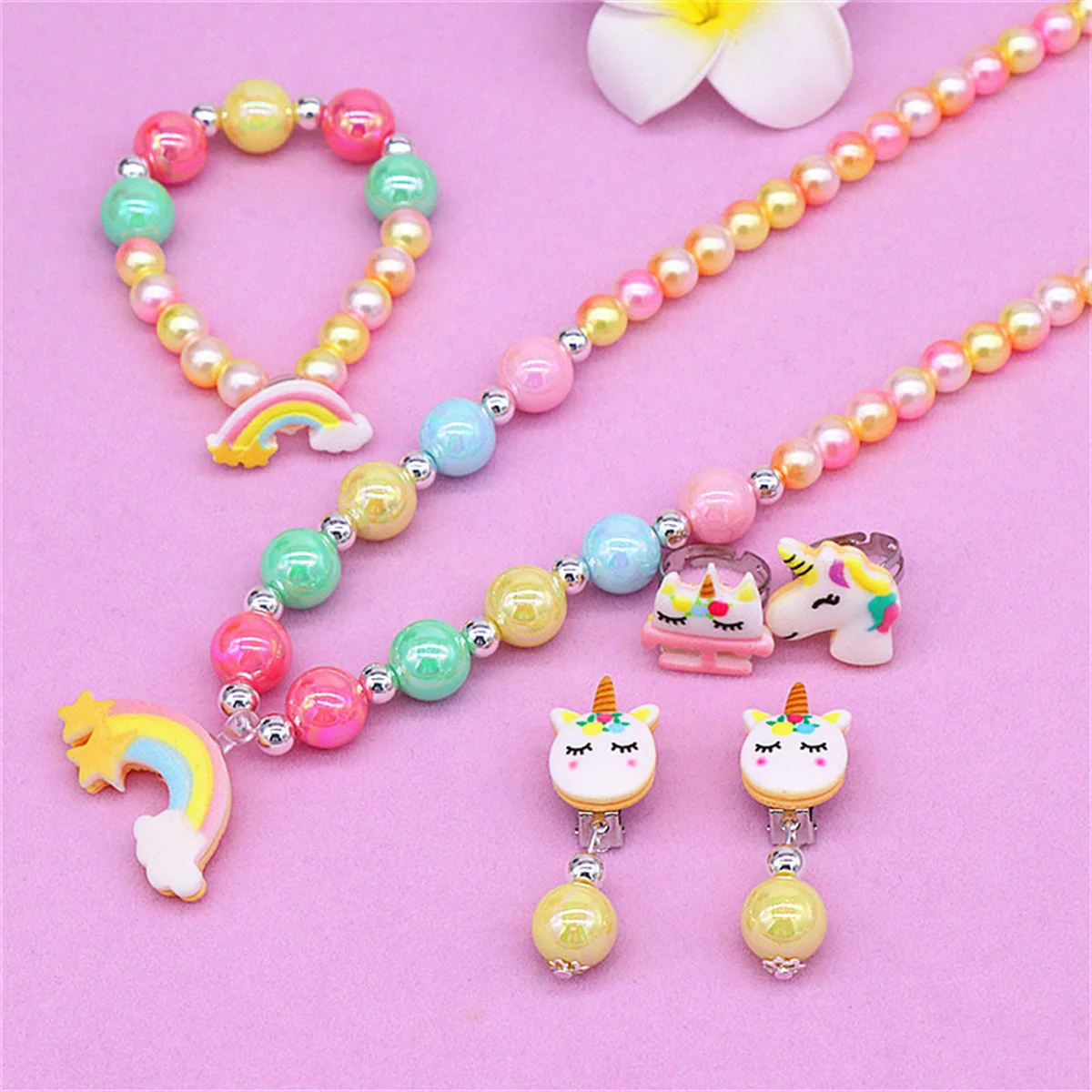 Unicorn Kids Jewelry Set 6pcs Elastic Necklace Bracelet Clip on Earrings Rings for Little Girls Birthday Dressup Costume 3