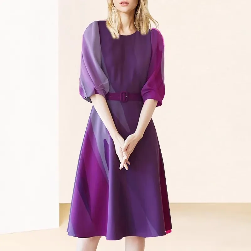 

Summer Dresses Women Elegant Purple 3/4 Sleeve Gradient Print A-LINE Fashion Office Ladies Work Midi Long Dresses Female