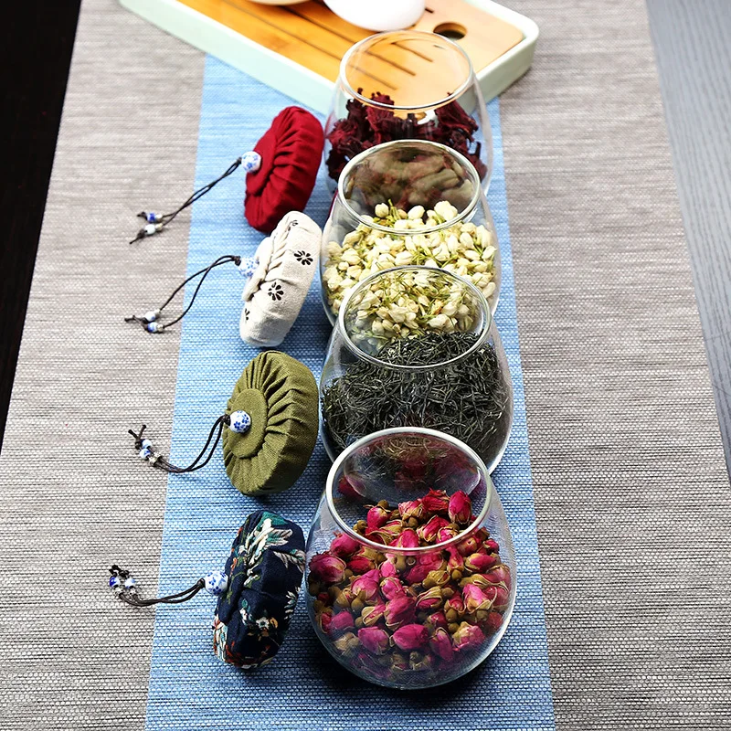 Cotton Print Cloth Lid Tea Canister 450ML Airtight Glass Jar Isolated Air Long Time Storage