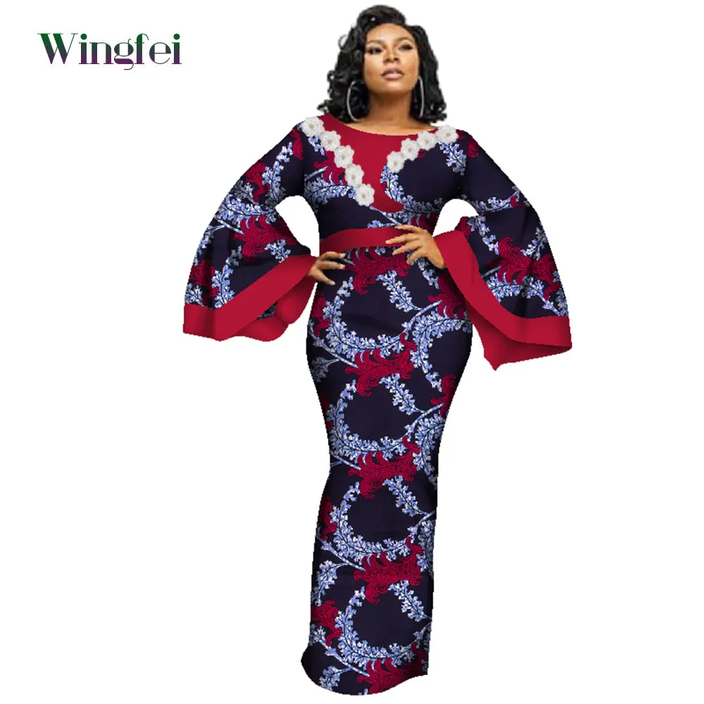 African Desses For Women Ankara Print Flare Sleeve Maxi Long Dresses