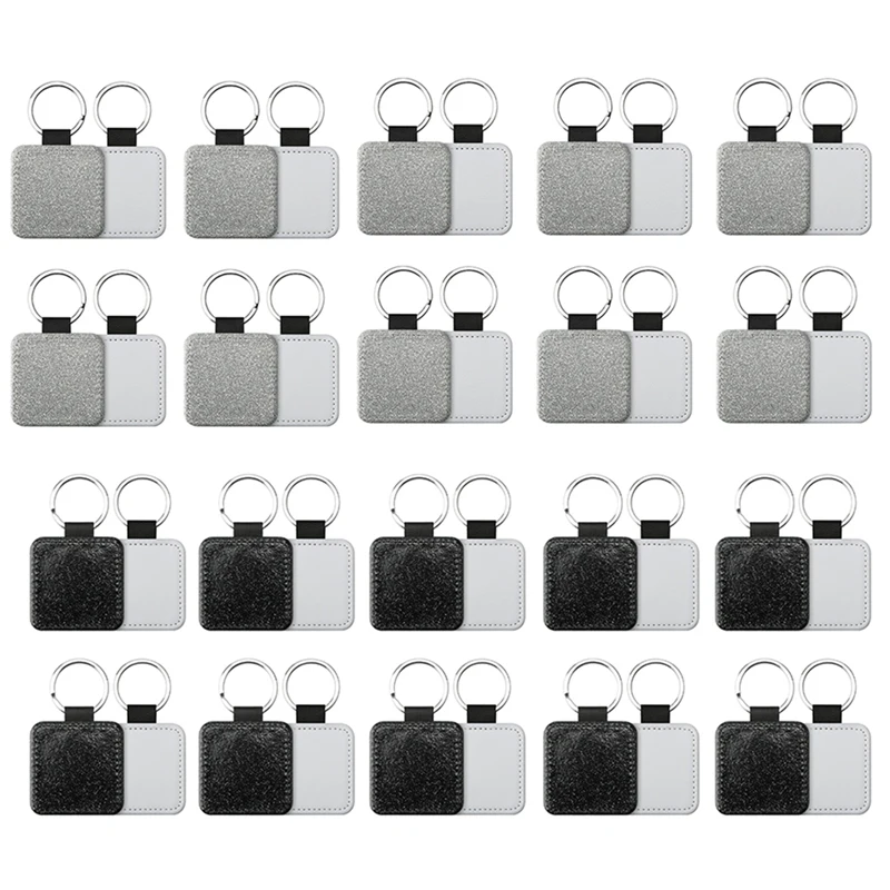 

20 Pack Sublimation Blanks Keychain Glitter PU Leather Keychain Heat Transfer Keyring Sublimation Blank Square Silver