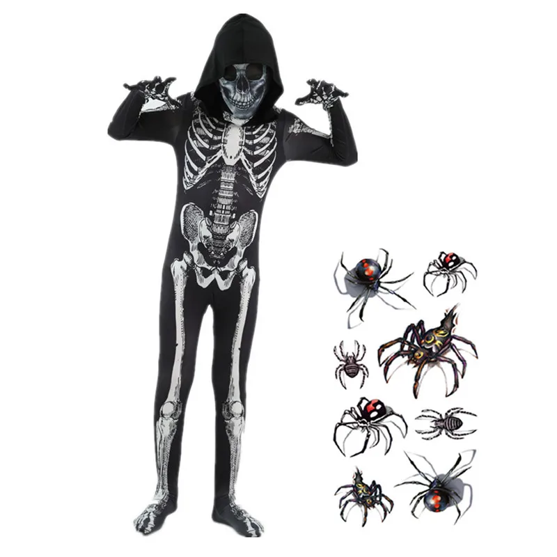 Scary Halloween Horror Kid Skeleton Costume Black Hooded Grim Reaper Dress Up Boy Ghostbusters Costume Mardi Gras Party Costume