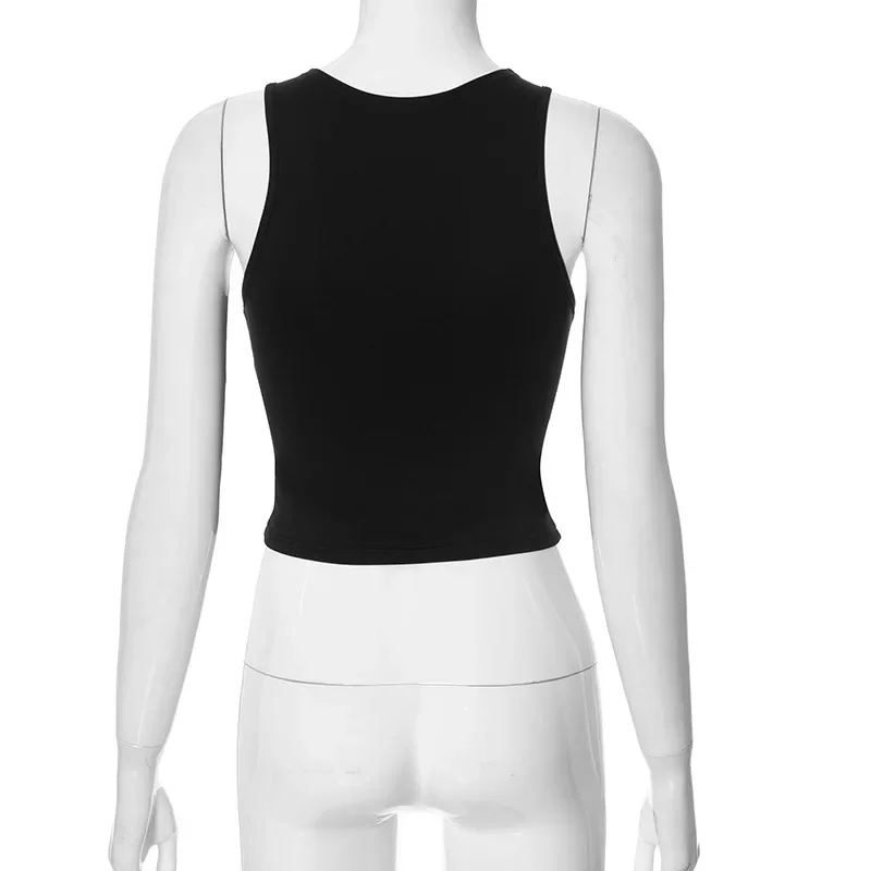 Camisetas de verano informales de color sólido Y2k, nuevas, a la moda, ajustadas, huecas, sexys, cortas, para mujer, sin mangas, con cremallera y cuello redondo, camiseta sin mangas para mujer