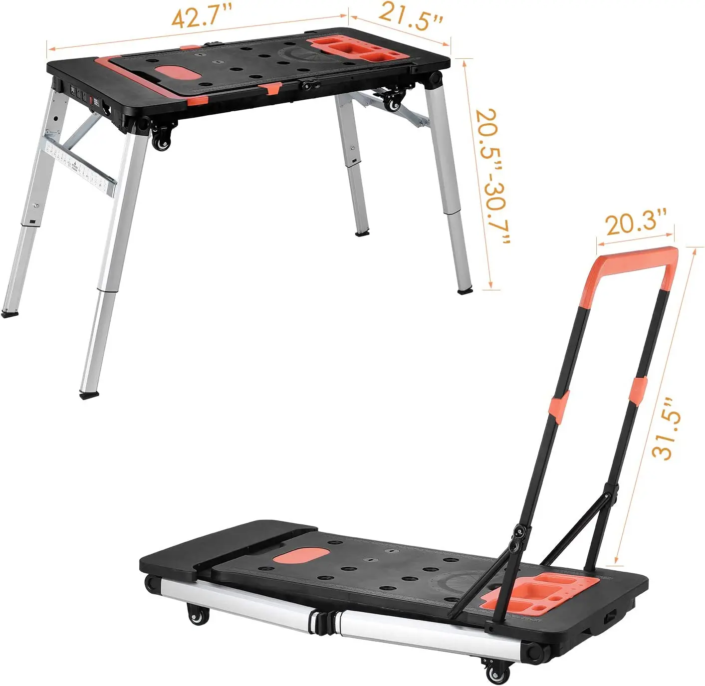 7-in-1 Portable Workbench Folding Sawhorse Work Table w/ 4 Wheels Multifunctional Folding Work Table, Load Capacity 440lbs/200kg