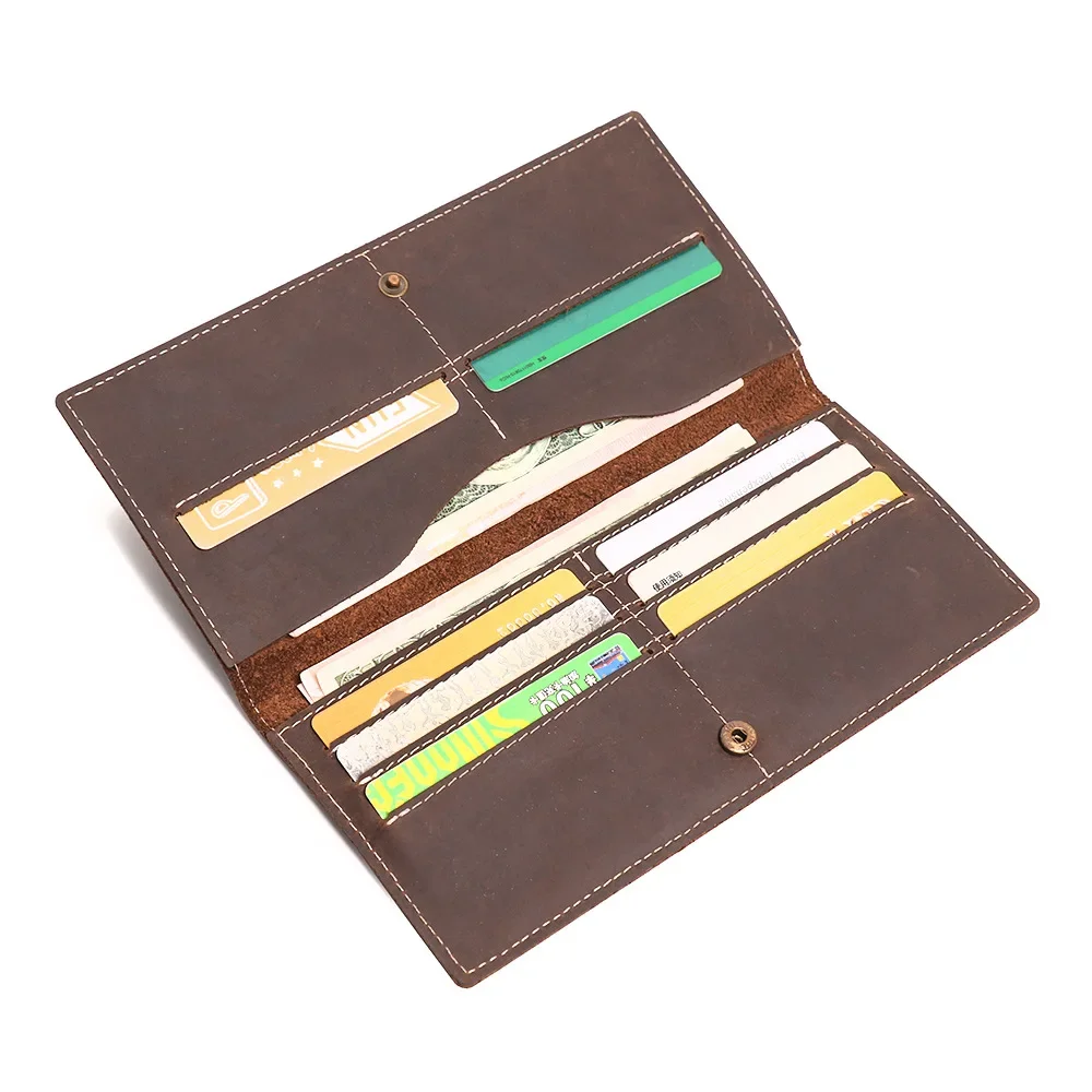 Vintage Crazy Horse Leather Long Wallet for Men with Multiple Card Slots and Zipper Pocket