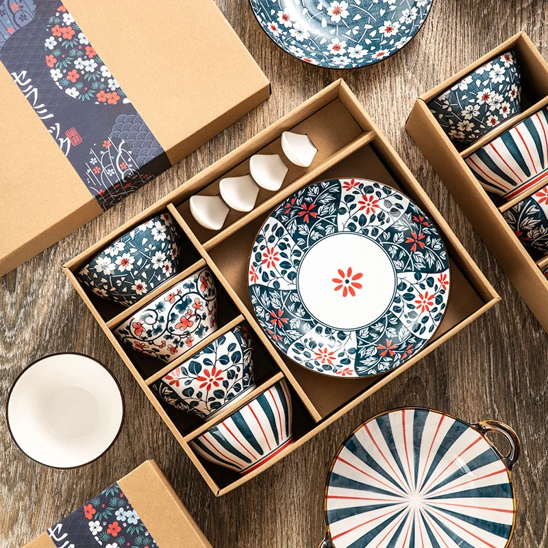 

Family Size Bowl Ceramic Set Japanese Kitchen Noodle Bowl Hand-painted Tableware Set Microwave Safe Gift Box Bohemian Dishes