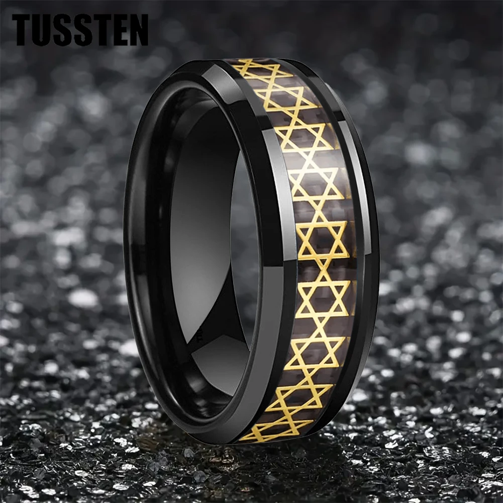 TUSSTEN 8mm Men's Ring Inlaid Golden Hexagram Star Men's Tungsten Ring Comfortable Fit And Free Shipping