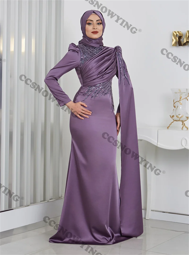 

Appliques Beaded Muslim Evening Dresses Satin Long Sleeve Islamic Formal Party Gowns High Neck Women Arabic Robes De Soirée
