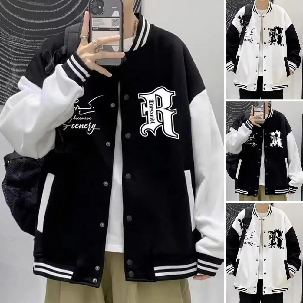 

Men Coat Stand Collar Men Coat Stylish Fall Winter Men's Baseball Coat Letter Print Stand Collar High Street Style