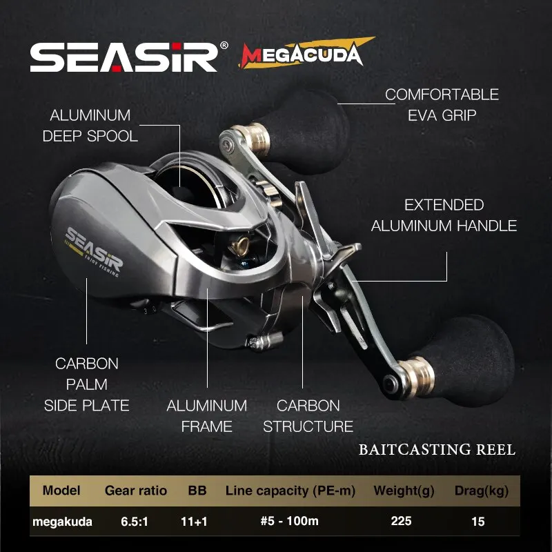 Seasir Megacuda 베이트 캐스팅 릴, 딥 스풀 6.5:1 알루미늄 프레임, 탄소 사이드 더블 핸들 지깅 금속 릴, 바닷물 드래그 15kg