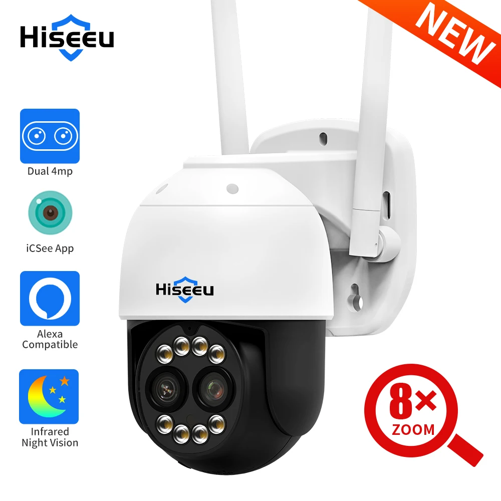 Hiseeu 8MP 4K PTZ Wifi IP Camera Outdoor Security Protection 8X Zoom Dual Lens 2K CCTV Video Surveillance Camera Ai Human Detect