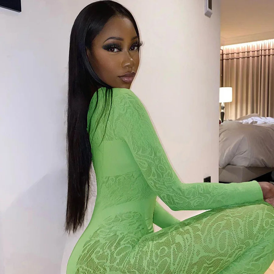 Diamond Sheer Mesh Jumpsuit Solid Hollow Out Skinny Long Sleeve Rompers 2023 Summer Sexy See Through Night Club Partyone Piece