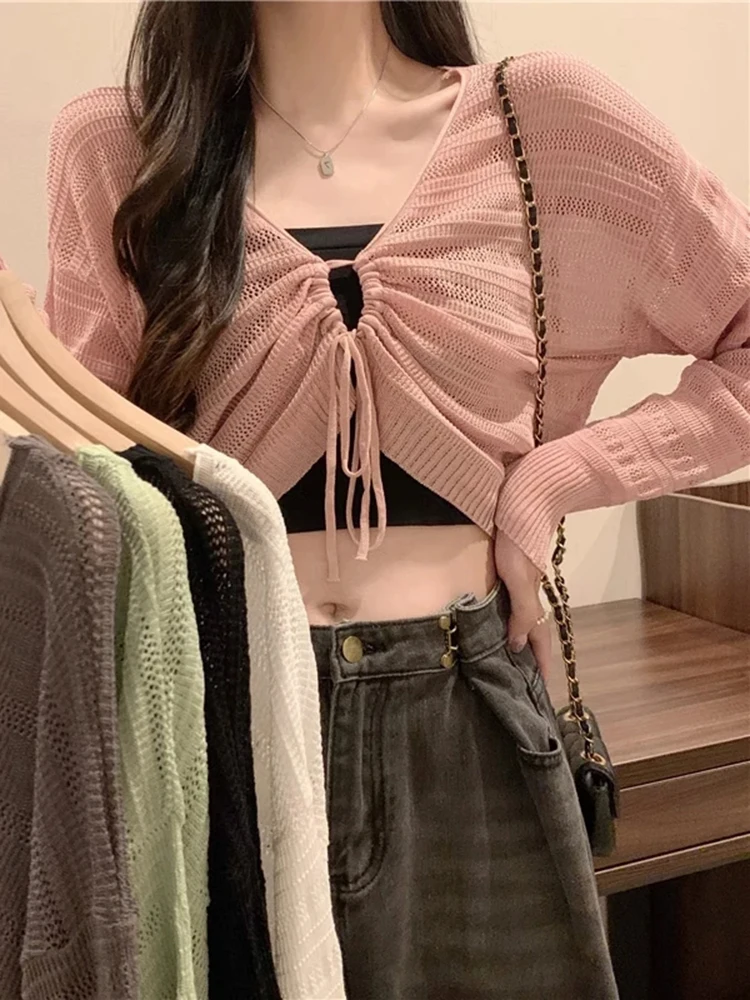 

Autumn New Solid Color Slim Cardigan Woman Sweet Ladies Hollow Out Cardigan Pink White Green Black Knitted Cardigan Women Chic