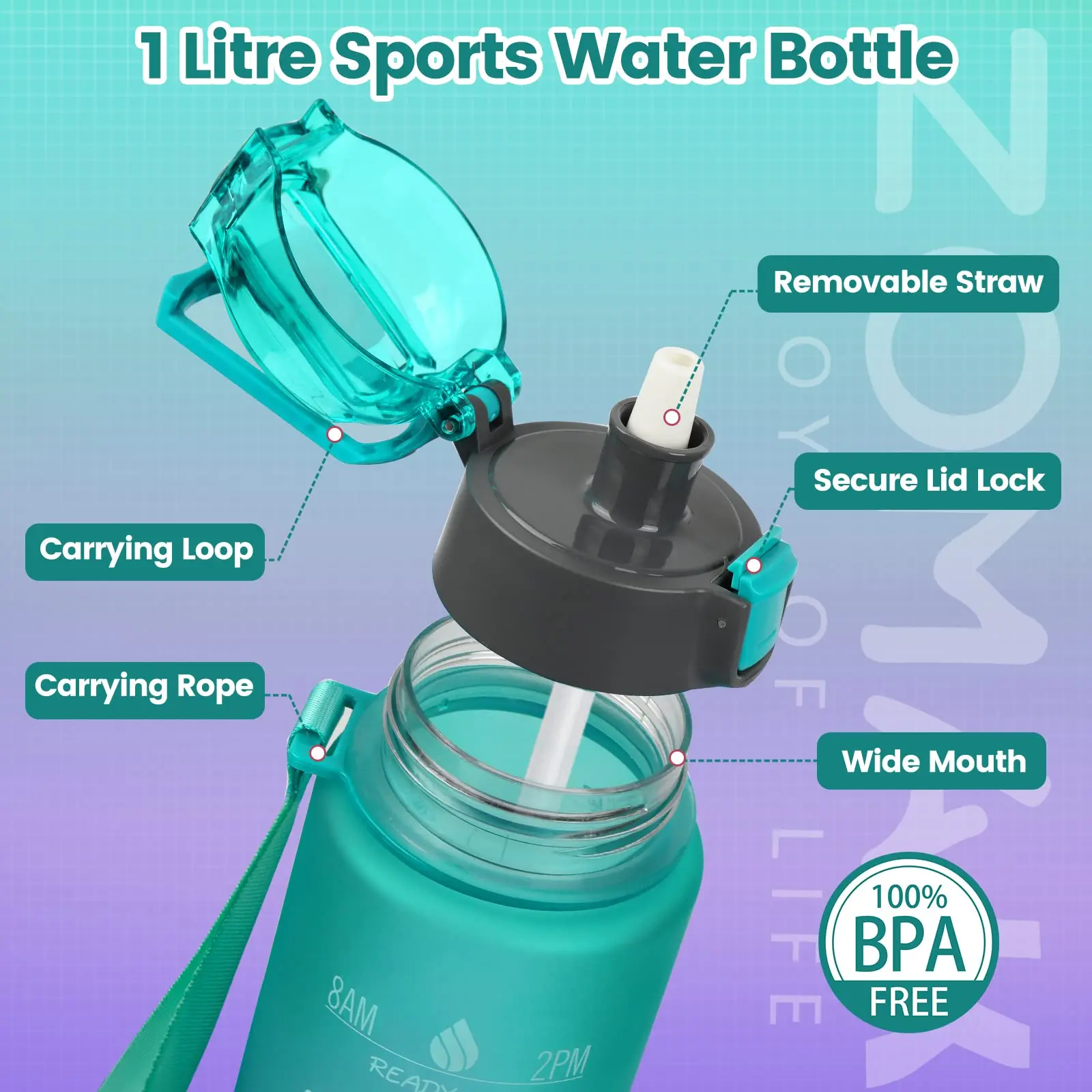 Description Picture 3 of item1000ML Motivational Water Sport Bottle with Time Marker Leakproof BPA Free Fruit 1 Liter Travel Kettle Drinking Water Bottl