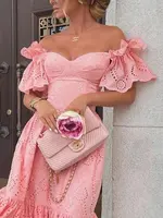 Dress Women Off Shoulder Mid Length Dresses Solid Dot Sexy Splice Tight High Waist V Neck A Line Elegant Slim Fit Vestidos