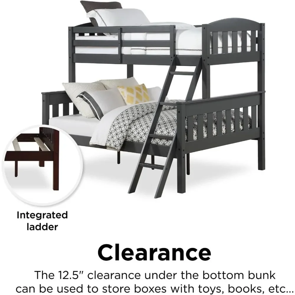 NEW-DHP Airlie Convertible Wood Bunk Bed Twin Over Full Size, Stackable and Detachable Bed Frames for Kids, Teens, Angled Ladder