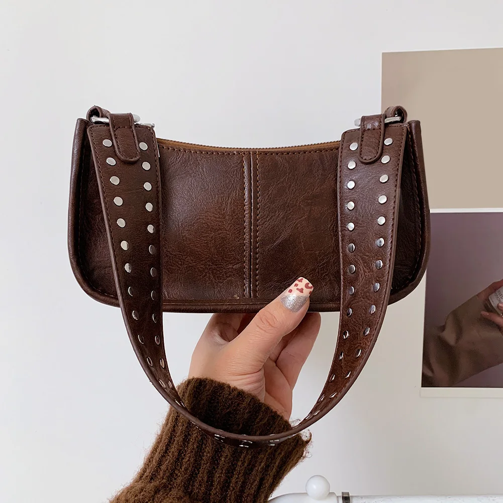 Retro Studded Shoulder Bag Vintage PU Leather Underarm Bag Y2k Crossbody Bags Causal Tote Handbag Women Fashion Underarm Pouch