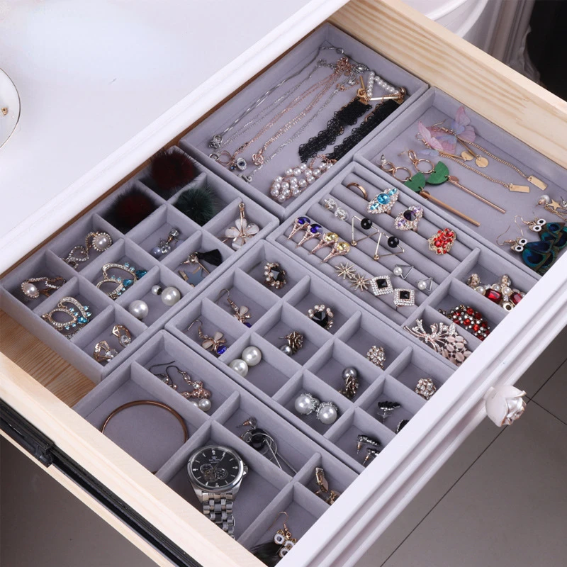 

4pcs Jewelry Organizer Velvet Jewelry Storage Tray Display Ring Bracelet Necklace Storage Showcase Drawer Organizer Wholesale
