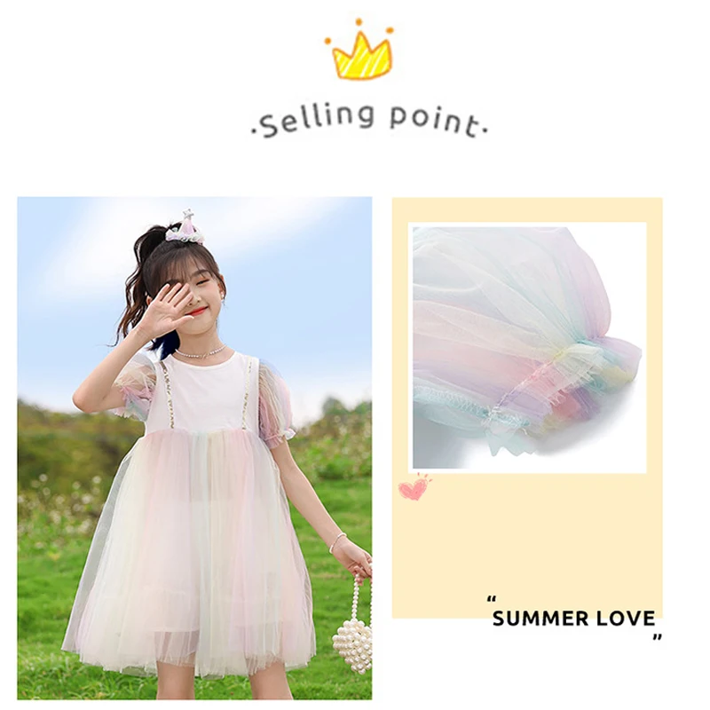 TON LION KIDS 2022 Summer Cute Casual Fashion Short Sleeve Dress Full Skirt Tulle Dress Clothing for Girls 5-12 Years Old baby girl doll skirt