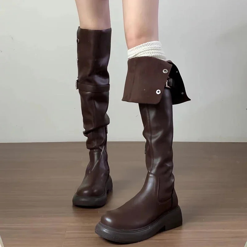 

Winter Women Over the Knee High Boots Fashion Slip On Ladies Elegant Low Heel Long Booties Belt Buckle Women's Knight Booties