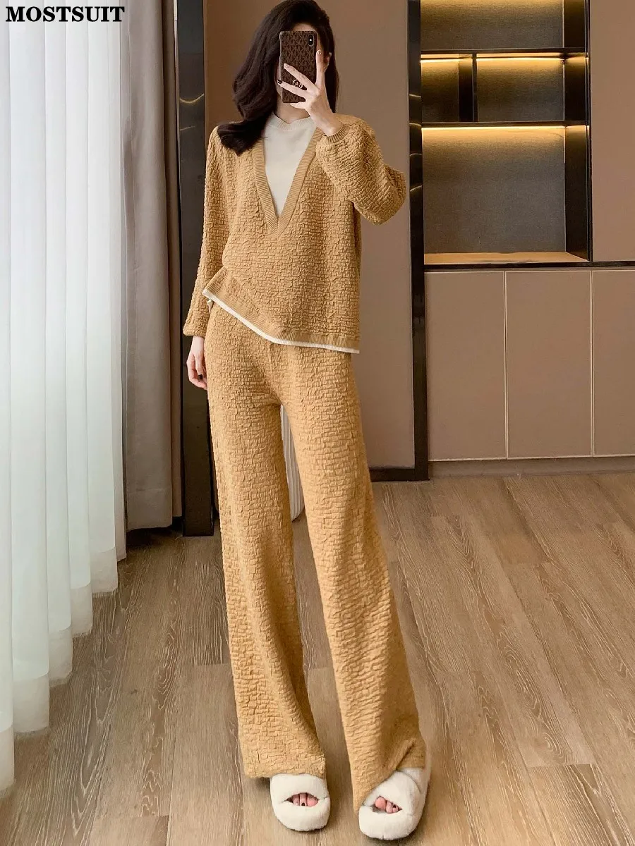 

Korean Elegant Knit Two Piece Pant Set Women Fake Two Pieces Pullover + Wide Leg Pants Outfits Fashion Casual Loose Matching Set